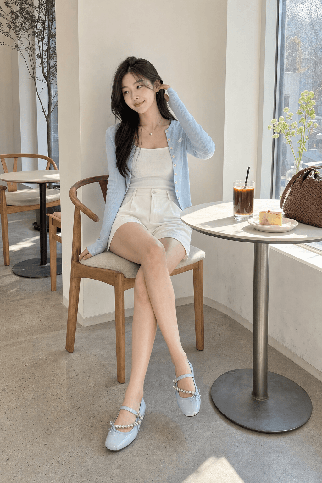 Cafe wearing shot with a pale blue cardigan, white inner top, white shorts, and blue Mary Jane flats
