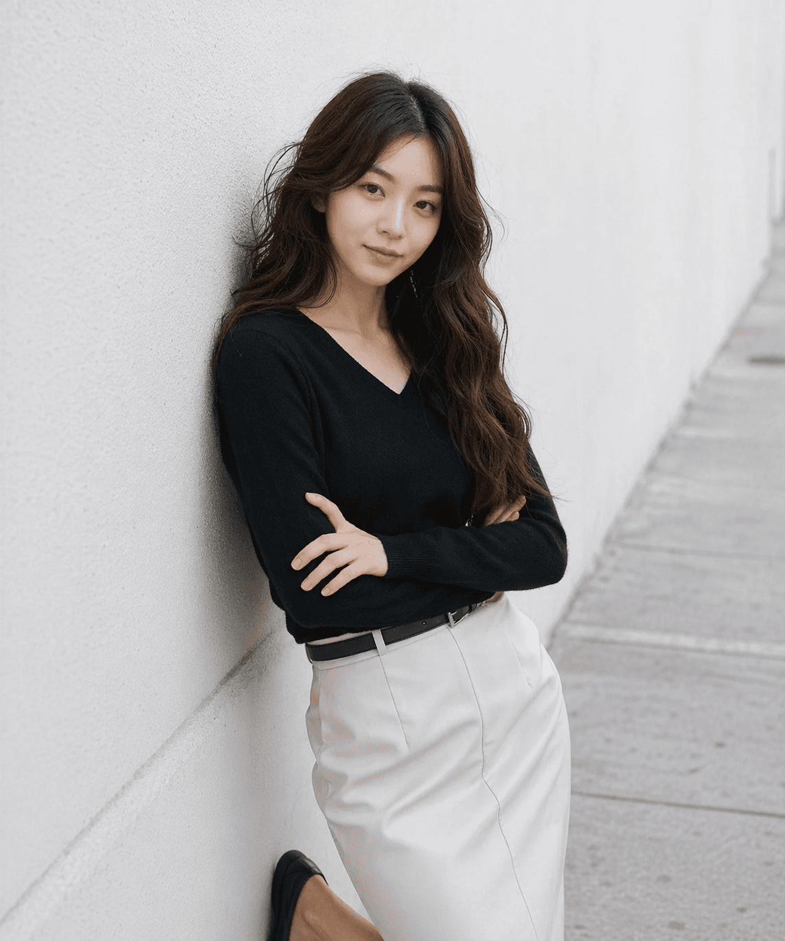Black V-neck knit with a white long skirt in front of a pale textured wall