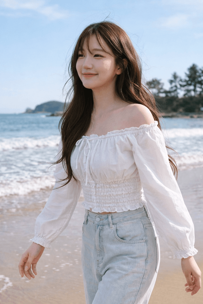 White square-neck blouse on a daytime beach walk