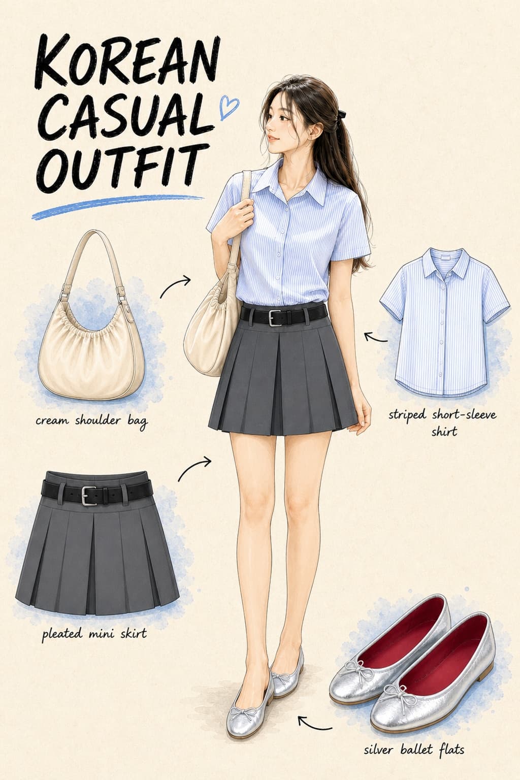 Korean casual outfit illustration board with a light blue striped shirt, grey pleated mini skirt, cream slouch shoulder bag, and silver ballet flats